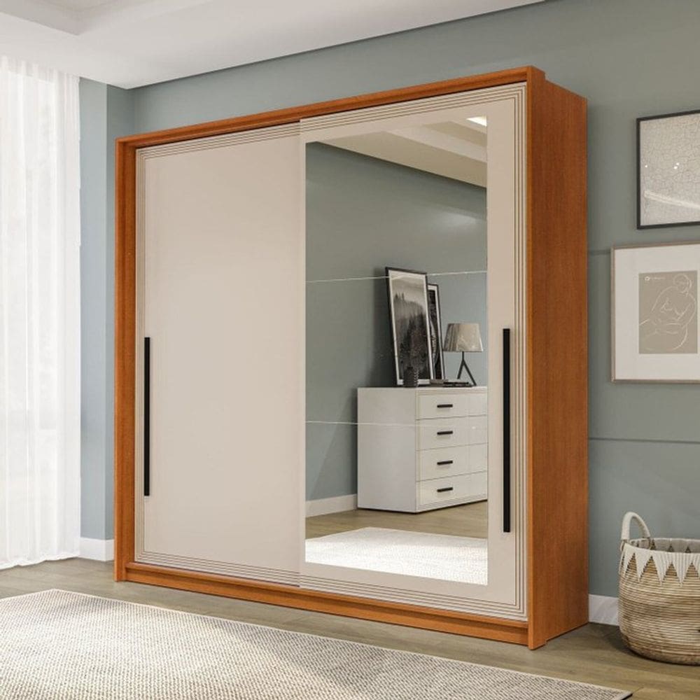 Guarda-roupa 2 Portas de Correr 2 Gavetas com Espelho Valência Freijo/Creme