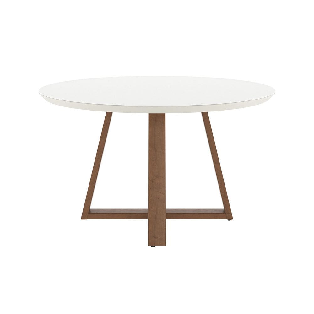 Mesa de Jantar Redonda 135cm com Base Natural e Tampo de Vidro Bennett Natural/Off White Fosco