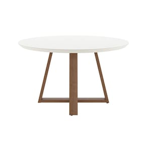 Mesa de Jantar Redonda 135cm com Base Natural e Tampo de Vidro Bennett Natural/Off White Fosco