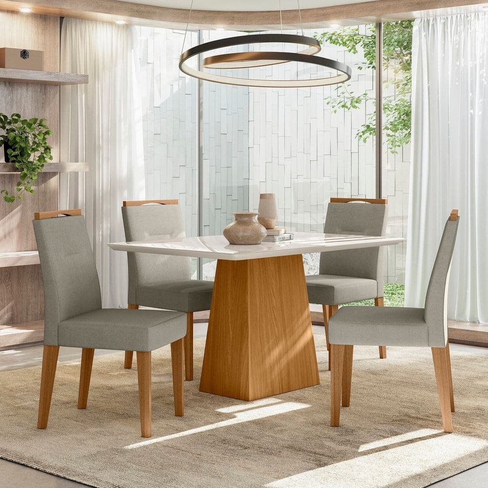 Conjunto Sala de Jantar Mesa Bárbara 135m com 4 Cadeiras Lectus Ype/Off White/Ln04