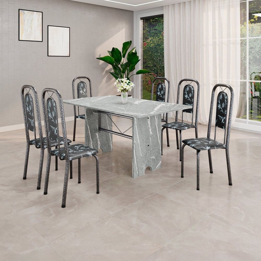 Conjunto de Mesa Tubular 140cm X 75cm Tampo Granito Topázio com 6 Cadeiras Lara Preto/Prata