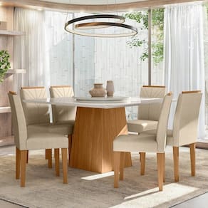 Conjunto Sala de Jantar Mesa Barbara 1350m Tampo Giro com 6 Cadeiras Amanda Ype/Off White/Ln04