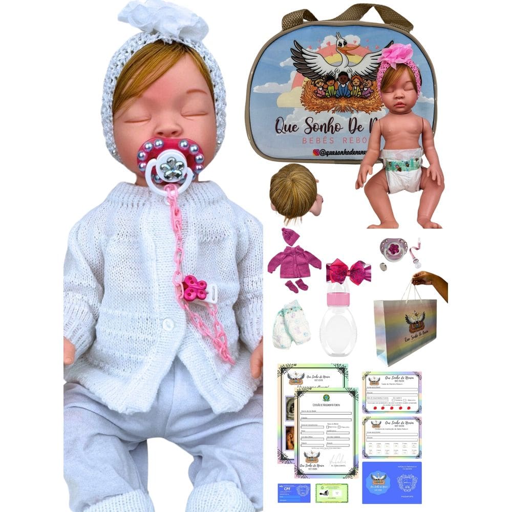 Bebê reborn boneca menina realista silicone olhos fechados loira + acessorios BR