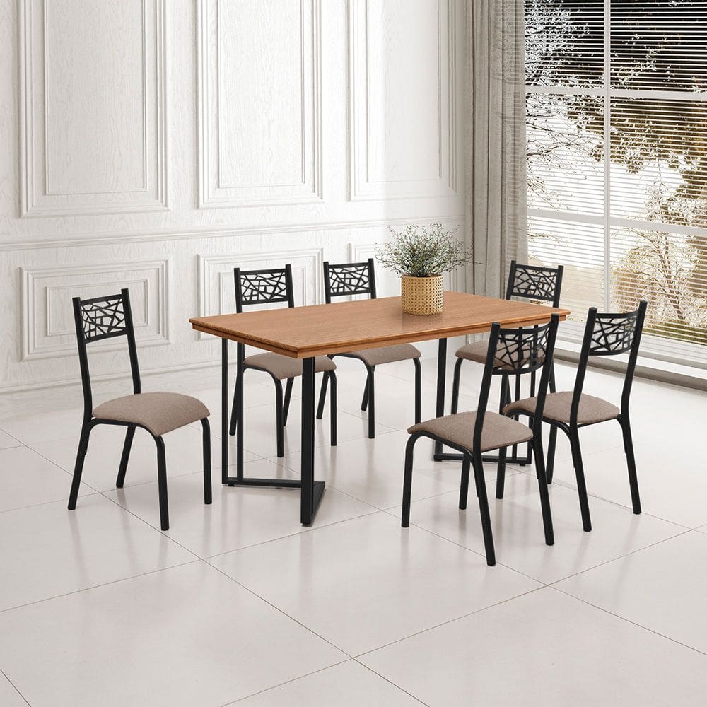 Conjunto Sala de Jantar Industrial Michigan 1,60 Tampo Castanho com 6 Cadeiras Jasmin Assento Bege