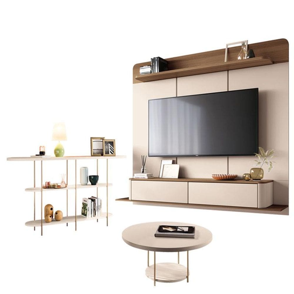 Home Suspenso Galax Castanho Off White e Aparador Infinity e Mesa de Centro Sky Off White- HB Móveis