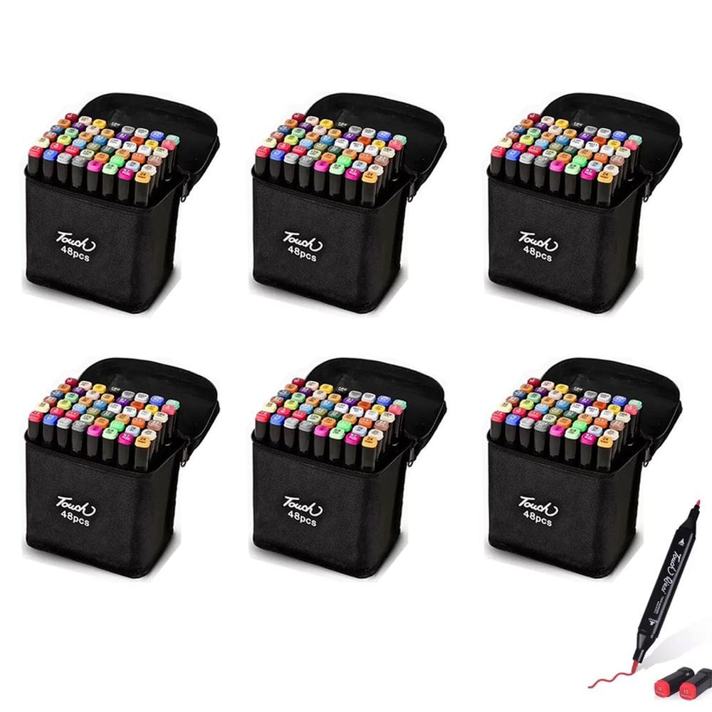 Estojo Caneta Permanente 48 Cores Canetinha Ponta Dupla Kit 6 unidades Marcador Pintura Escola Faculdade Curso Artes Cartaz