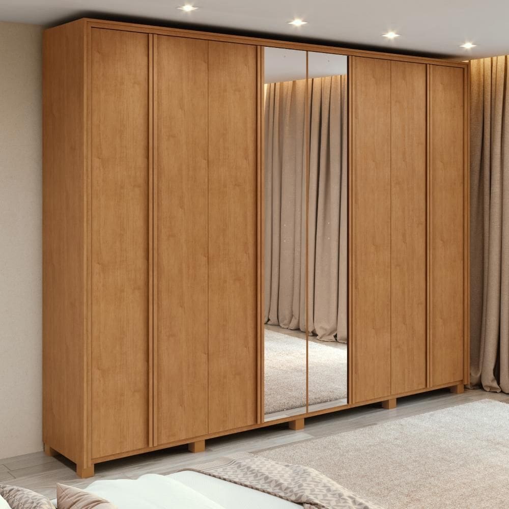 Guarda-Roupa Casal 100% MDF 8 Portas Easy Glow com Espelhos e Pés Amendoa Clean
