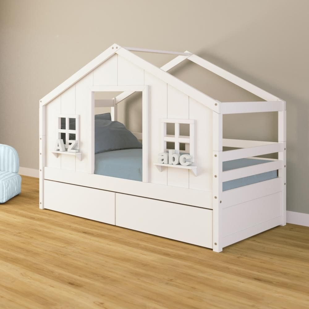 Cama Casinha dos Sonhos com 02 Gavetas Madeira Maciça Branco Housin