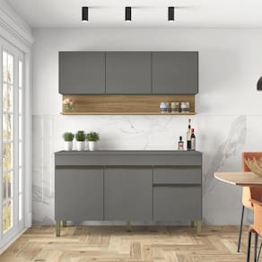 Kit Balcão De Pia Com Tampo E Aereo 150 Cm 6 Portas 1 Gaveta Line - Gris/gris/cp-freijó