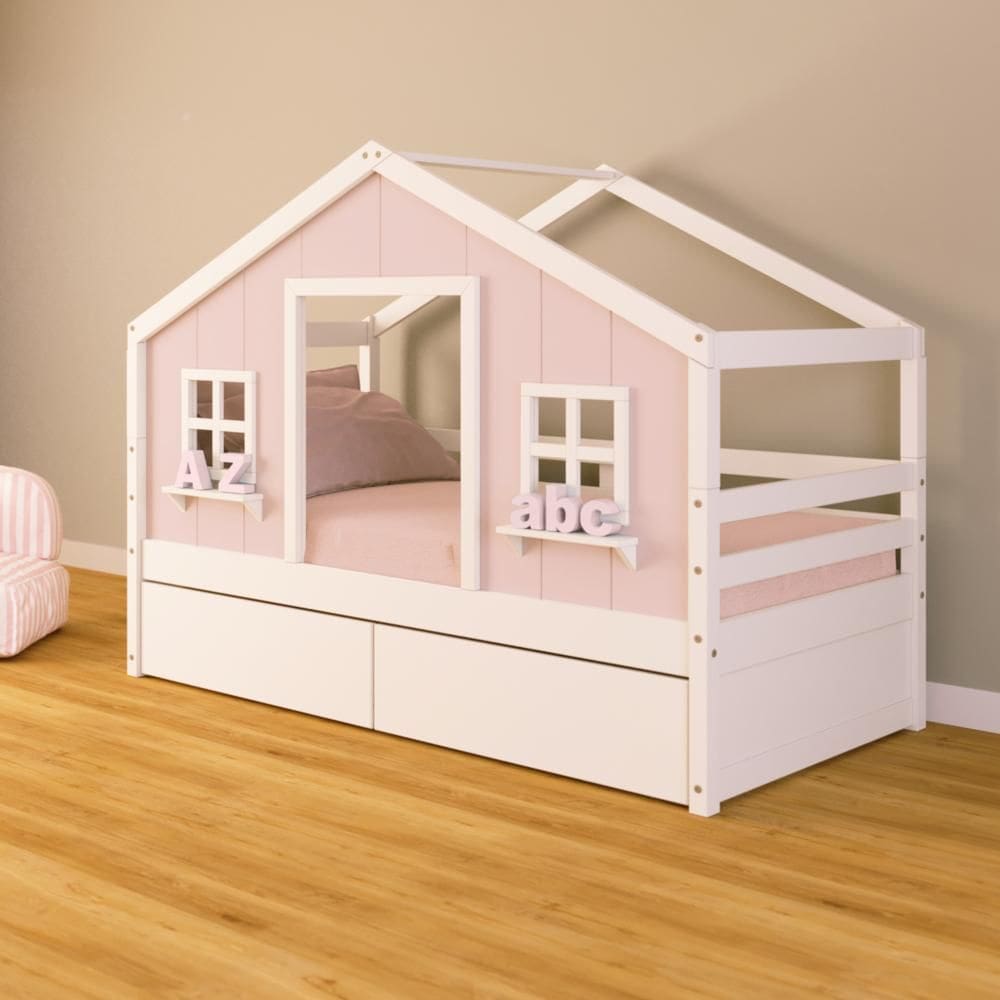 Cama Casinha dos Sonhos com 02 Gavetas Madeira Maciça Rosa/ Branco Housin