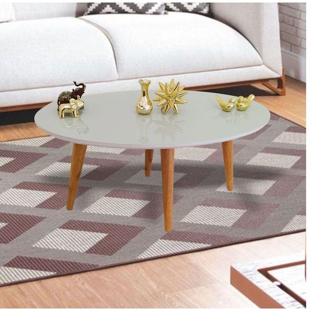 Mesa De Centro Oval Laqueada Com Vidro Cor Off White Tamanho M