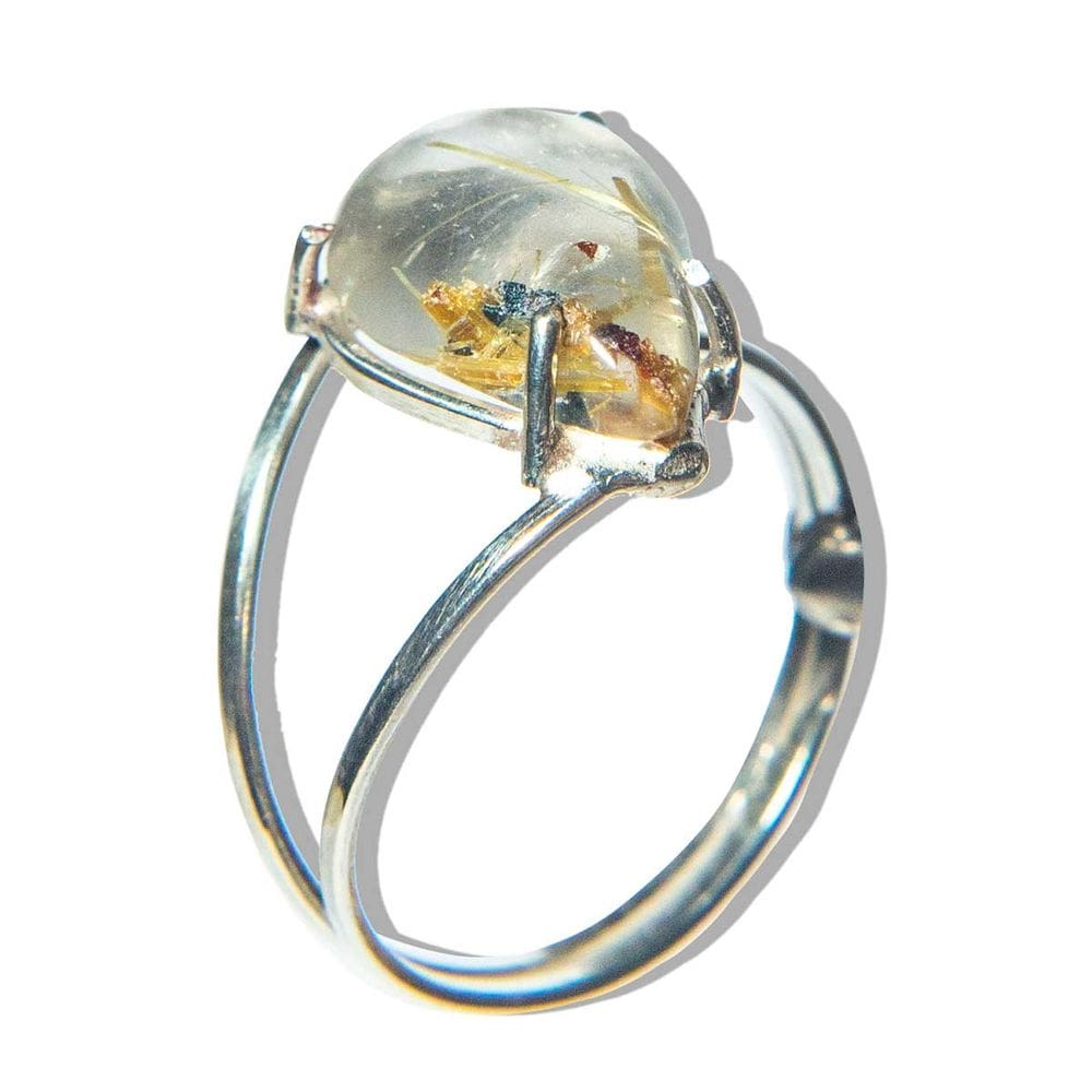 Anel Cristal Rutilado Gota Cabochão 13mm Ajustável Prata 950
