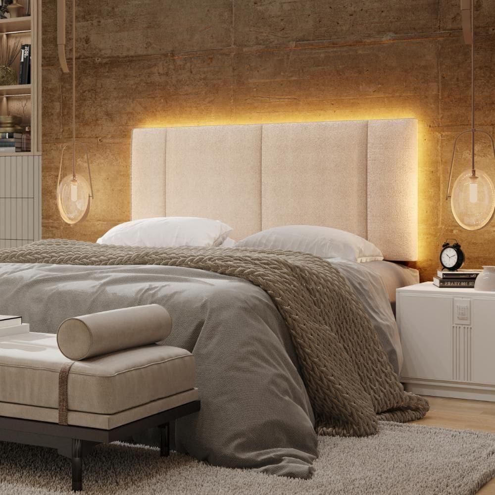 Cabeceira Casal Estofada Com Led Boucle Bege
