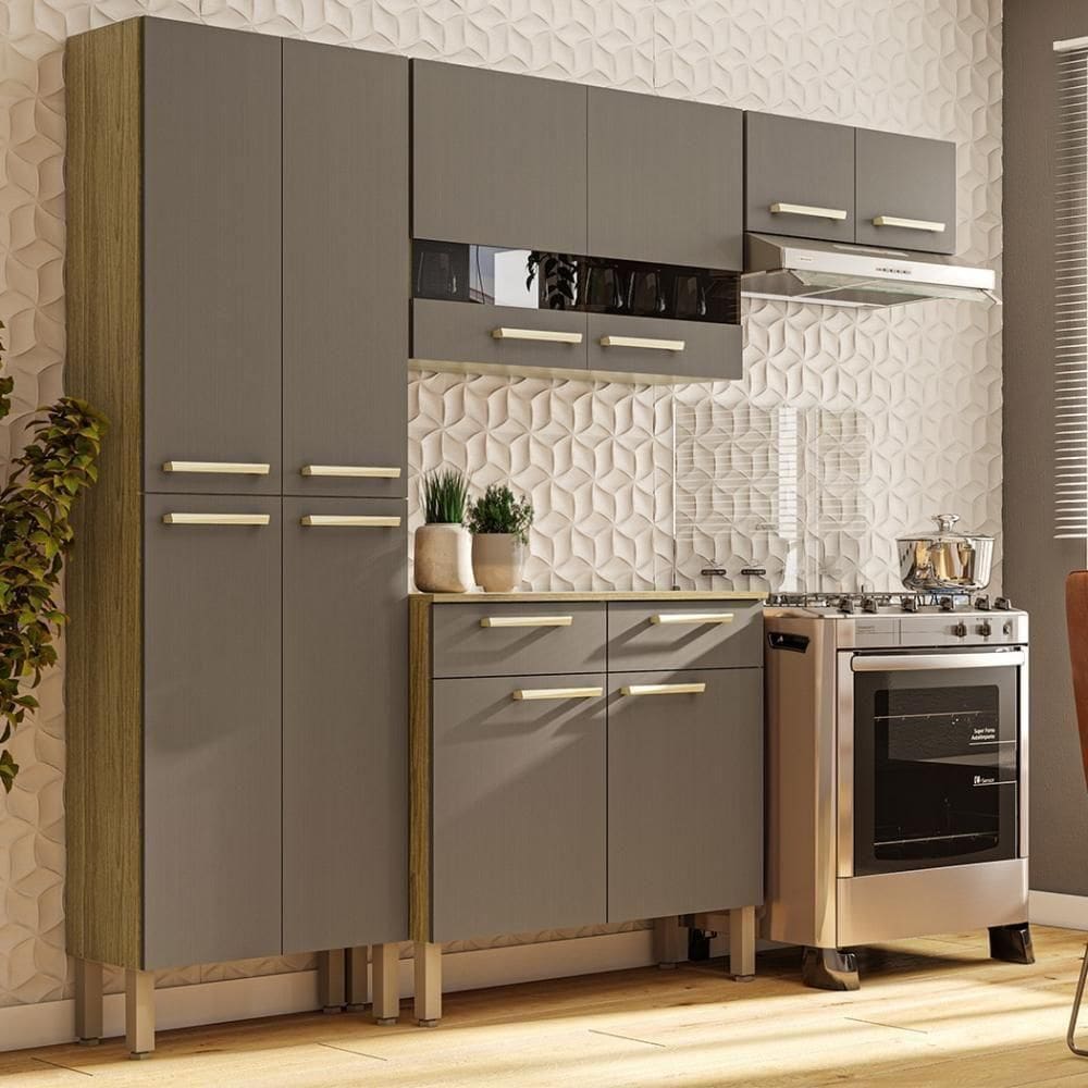 Armário De Cozinha Compacta 10 Portas 2 Gaveta Com Balcão Nala Freijó-gris