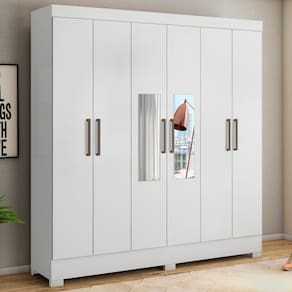 Guarda Roupa Casal 6 Portas Com Espelho E 3 Gavetas Prático Branco