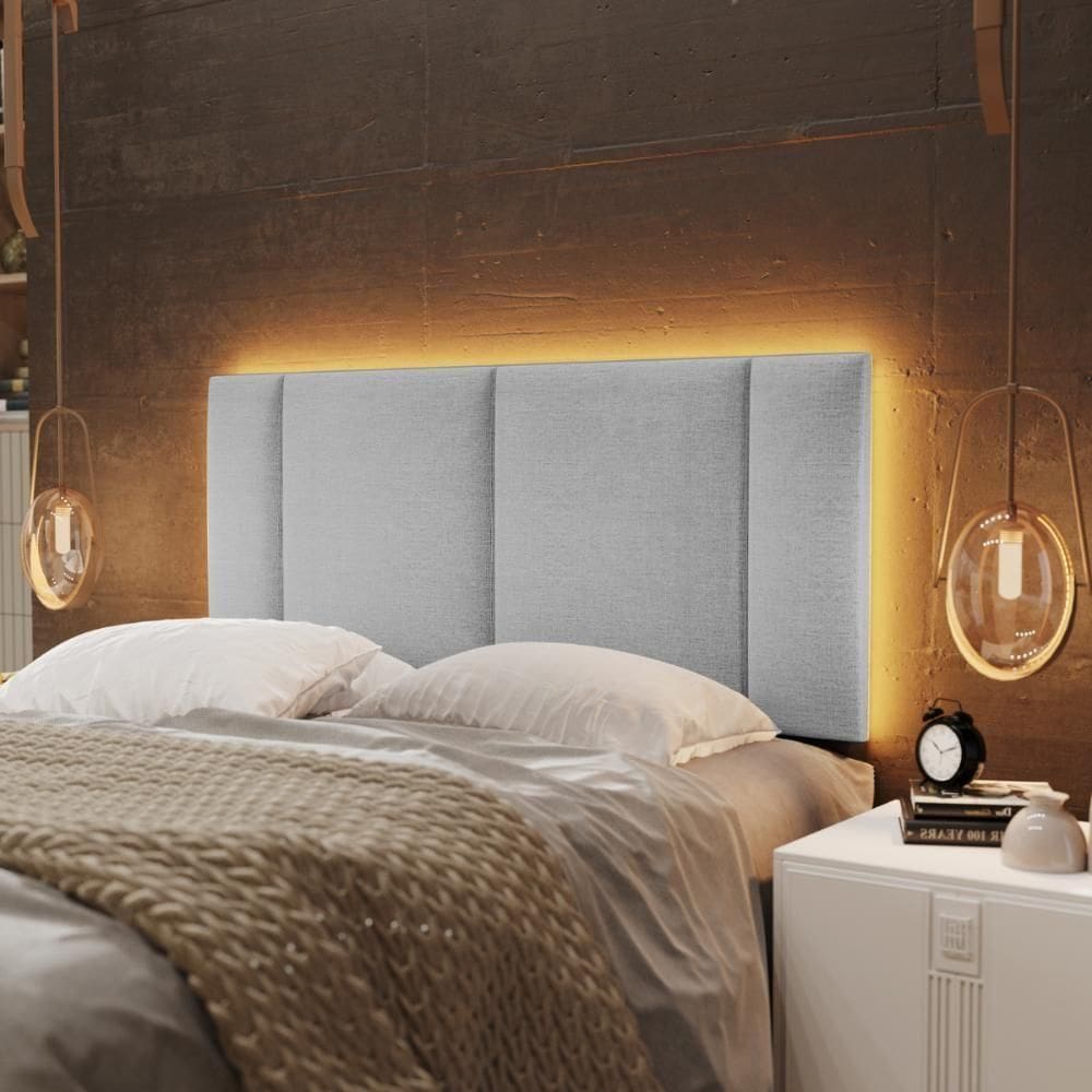 Cabeceira Casal Estofada Com Led Linho Cinza