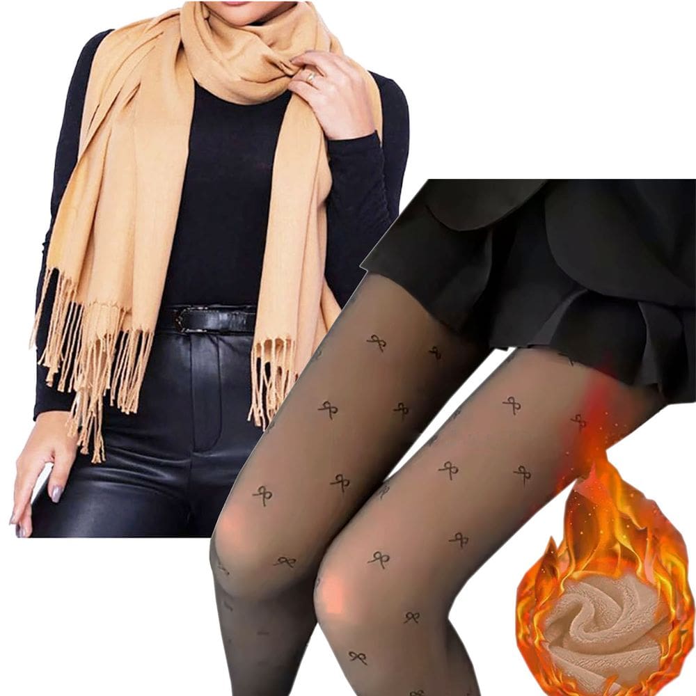 Meia Calça Translúcida Desenho Laço Pelúcia 220 gr + 1 Cachecol Xale Pashmina Fino com Franjas