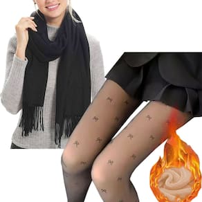 Meia Calça Translúcida Desenho Laço Pelúcia 220 gr + 1 Cachecol Xale Pashmina Fino com Franjas