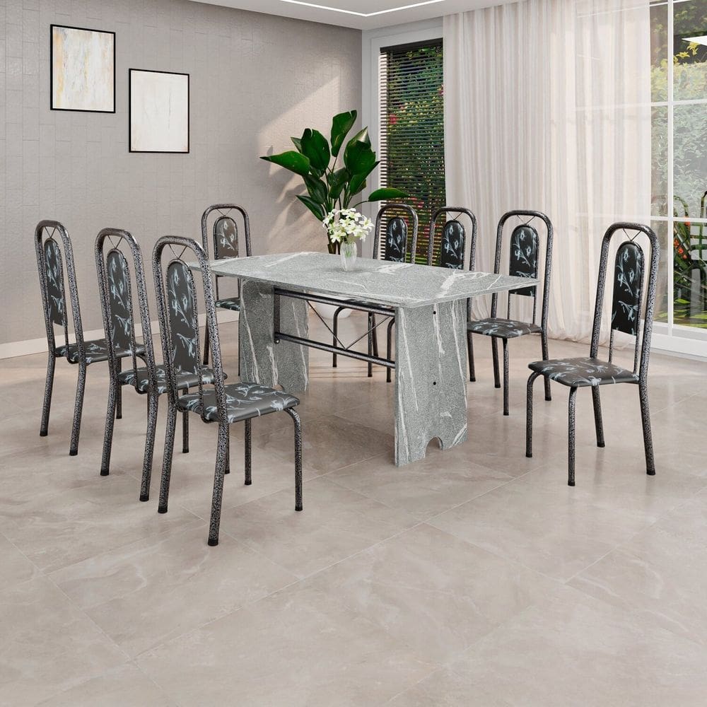Conjunto de Mesa Tubular 180cm X 75cm Tampo Granito Topázio com 8 Cadeiras Lara Preto/Prata