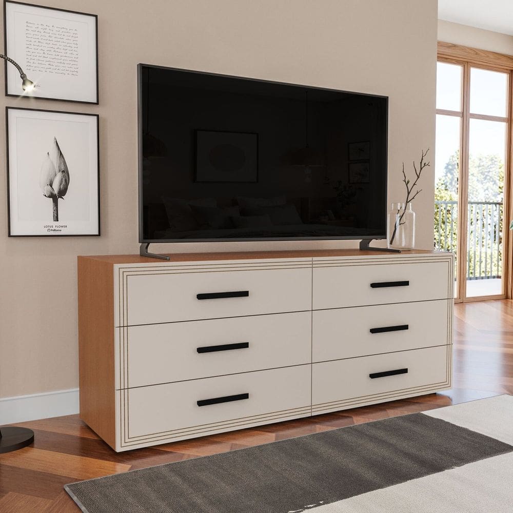 Cômoda 6 Gavetas Móveis 150,1cm 63,1cm 46cm Valência Freijo/Creme