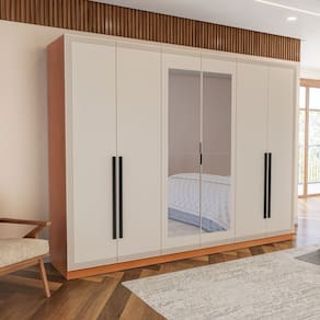 Guarda Roupa 6 Portas e 4 Gavetas com Espelho Valência Freijo/Creme