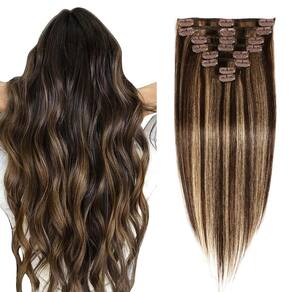 Extensões de cabelo Clip in FIPOHIRA Balayage de marrom escuro a marrom castanho Cabelo humano real de 20 polegadas