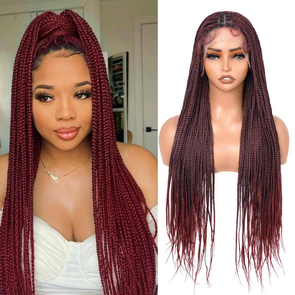 Peruca Suntefic Knotless Box, trançada, ombre, cor de vinho, 75 cm, cabelo humano