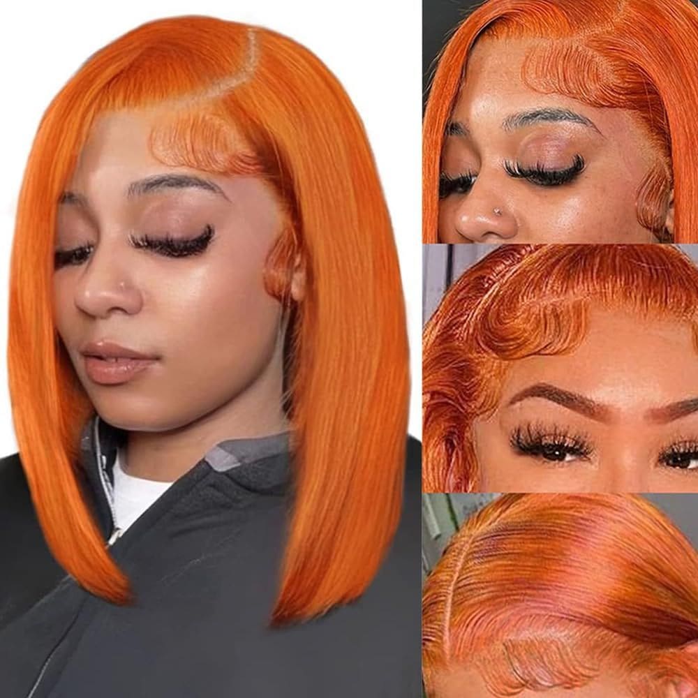 #350 Peruca Ginger Orange Bob, cabelo humano, 13x4, renda reta na frente