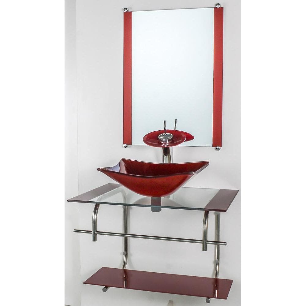 Gabinete Vidro Banheiro Inox 70Cm Cuba Quadrada Vermelho