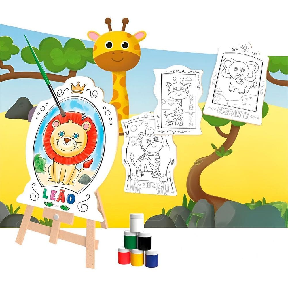 Brinquedo Kit Pintura Infantil Cavalete Avental Tema:Safari
