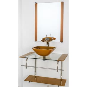Gabinete Vidro Banheiro Inox 70Cm Cuba Quadrada Cqp Dourado