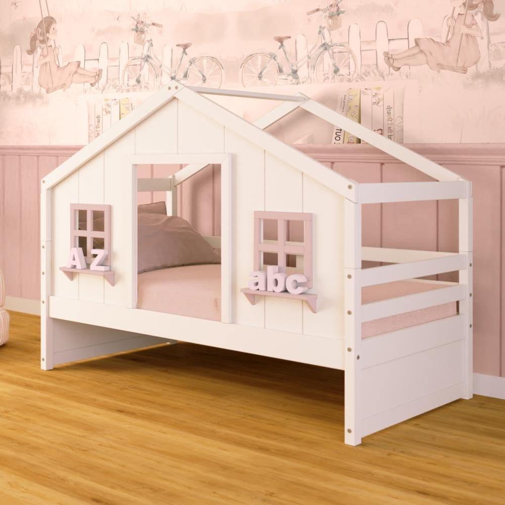 Cama Casinha dos Sonhos Madeira Maciça Branco/ Rosa Megamobilia