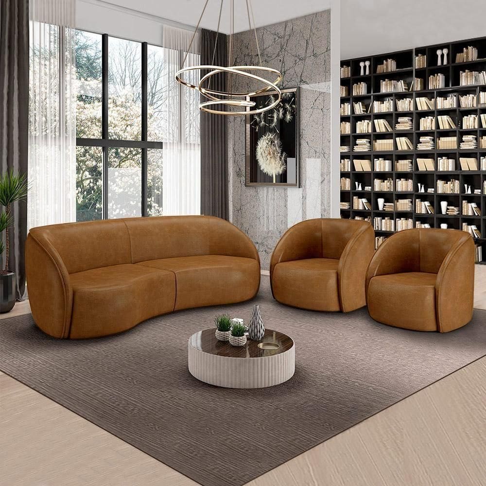 Conjunto Sofá Sala De Estar Bipartido 240cm E 2 Poltronas Clarke Pu Caramelo Manchado G45 - Gran Belo