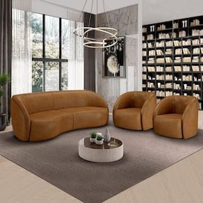 Conjunto Sofá Sala De Estar Bipartido 240cm E 2 Poltronas Clarke Pu Caramelo Manchado G45 - Gran Belo
