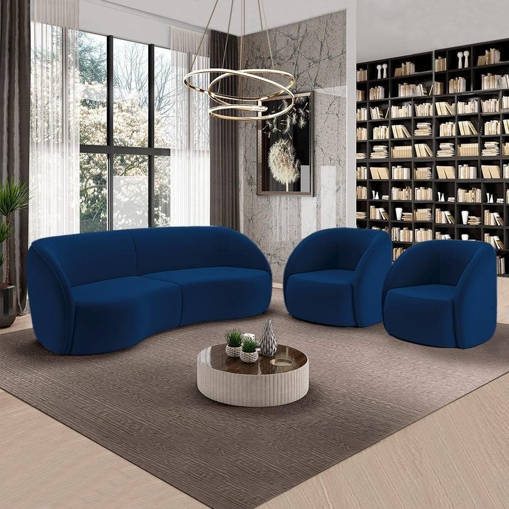 Conjunto Sofá Sala De Estar Bipartido 240cm E 2 Poltronas Clarke Veludo Azul G45 - Gran Belo