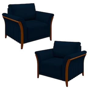 Kit 2 Poltronas Decorativas Sala De Estar 102cm Pés Madeira Roya M22 Veludo Azul Marinho - Mpozenato