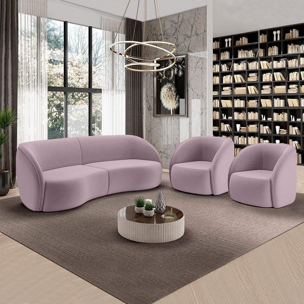 Conjunto Sofá Sala De Estar Bipartido 288cm E 2 Poltronas Clarke Veludo Rosê G45 - Gran Belo