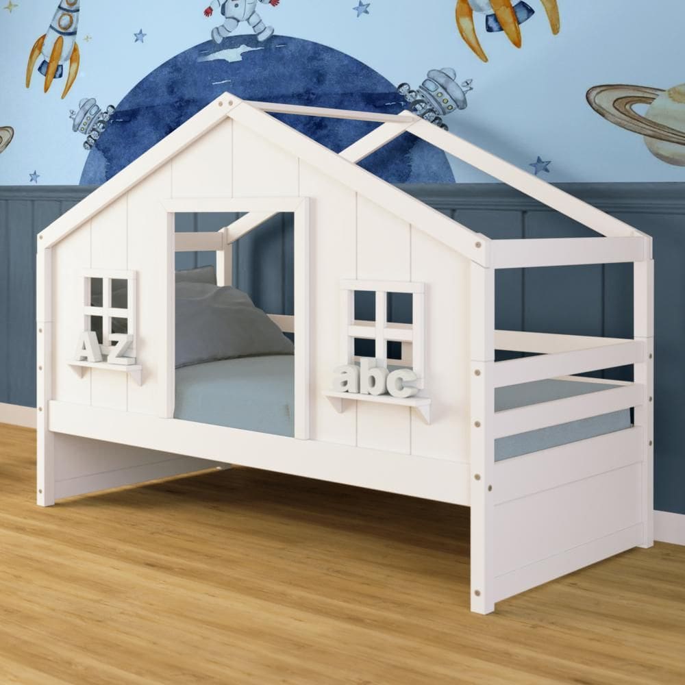 Cama Casinha dos Sonhos Madeira Maciça Branco Megamobilia