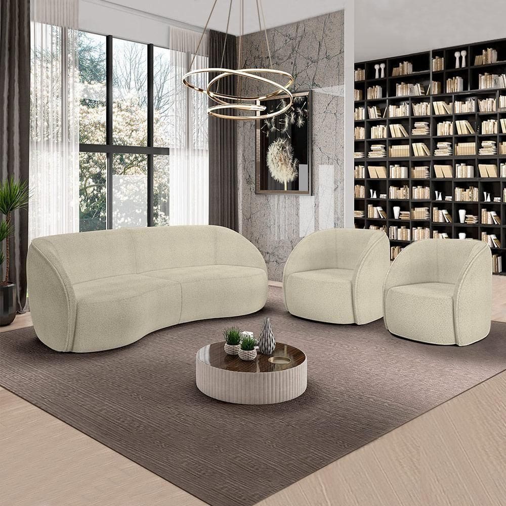 Conjunto Sofá Sala De Estar Bipartido 240cm E 2 Poltronas Clarke Bouclê Bege G45 - Gran Belo
