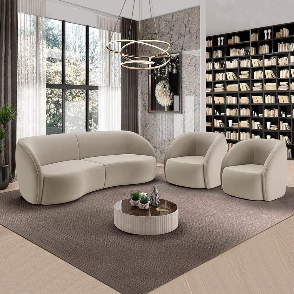 Conjunto Sofá Sala De Estar Bipartido 318cm E 2 Poltronas Clarke Veludo Bege G45 - Gran Belo