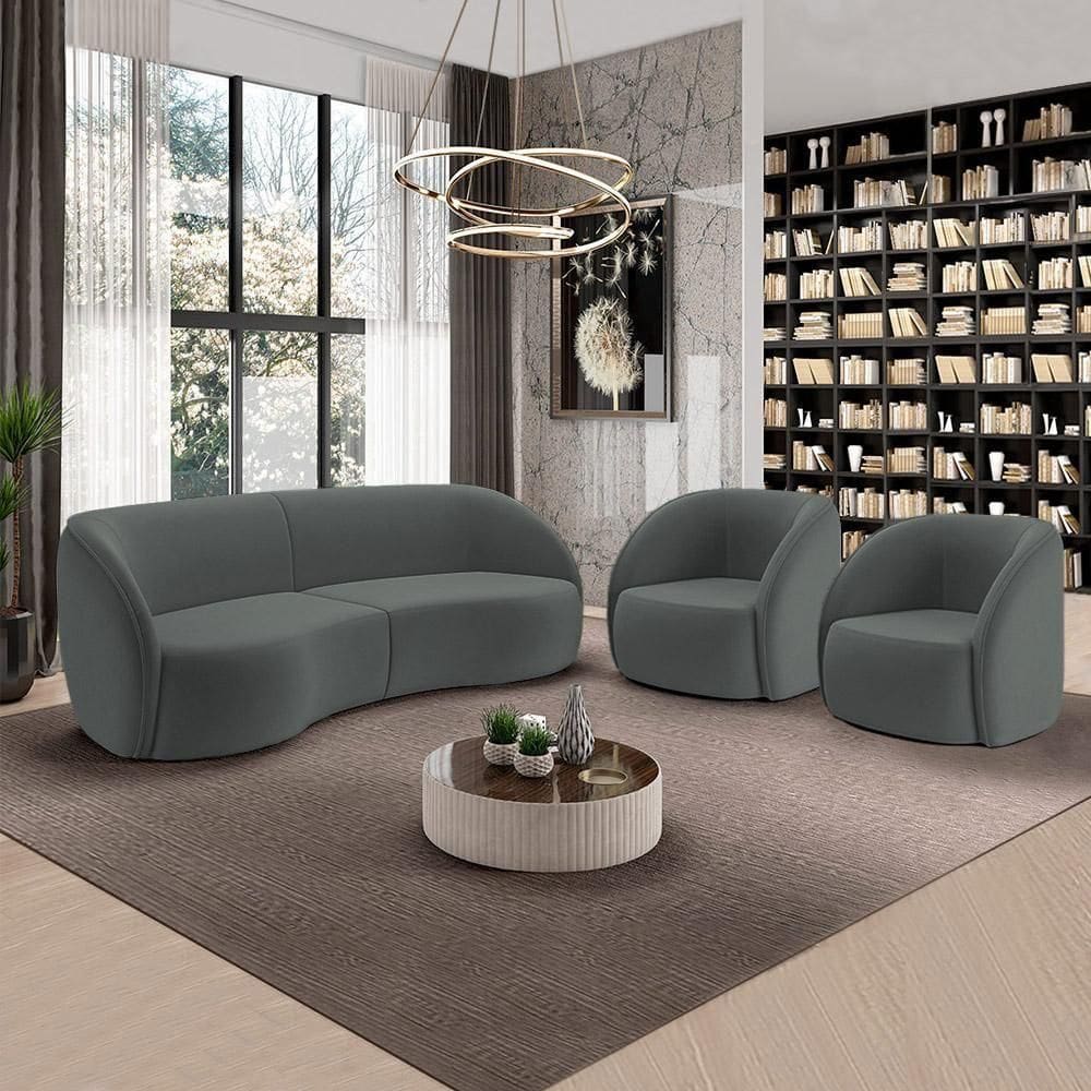 Conjunto Sofá Sala De Estar Bipartido 288cm E 2 Poltronas Clarke Veludo Grafite G45 - Gran Belo