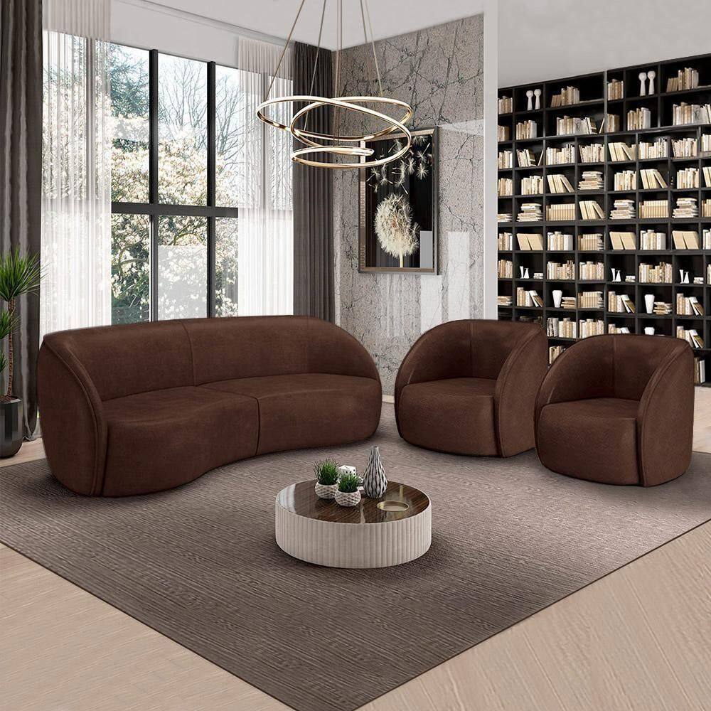 Conjunto Sofá Sala De Estar Bipartido 318cm E 2 Poltronas Clarke Pu Marrom Manchado G45 - Gran Belo