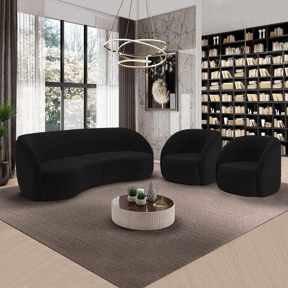 Conjunto Sofá Sala De Estar Bipartido 240cm E 2 Poltronas Clarke Veludo Preto G45 - Gran Belo