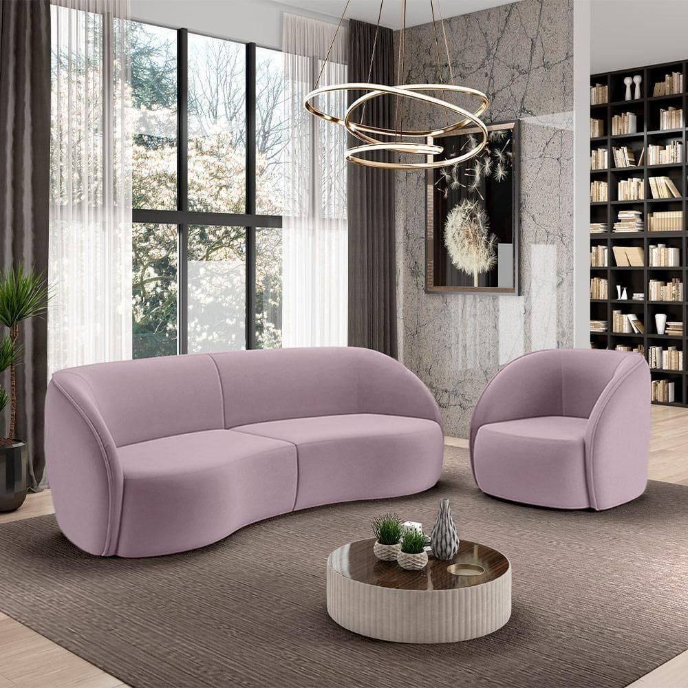 Conjunto Sofá Sala De Estar Bipartido 318cm E Poltrona Clarke Veludo Rosê G45 - Gran Belo