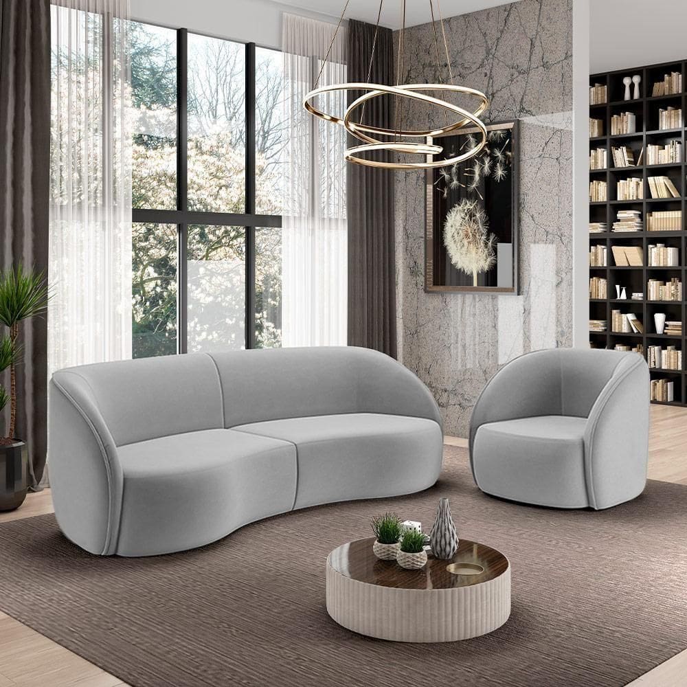 Conjunto Sofá Sala De Estar Bipartido 288cm E Poltrona Clarke Veludo Cinza G45 - Gran Belo