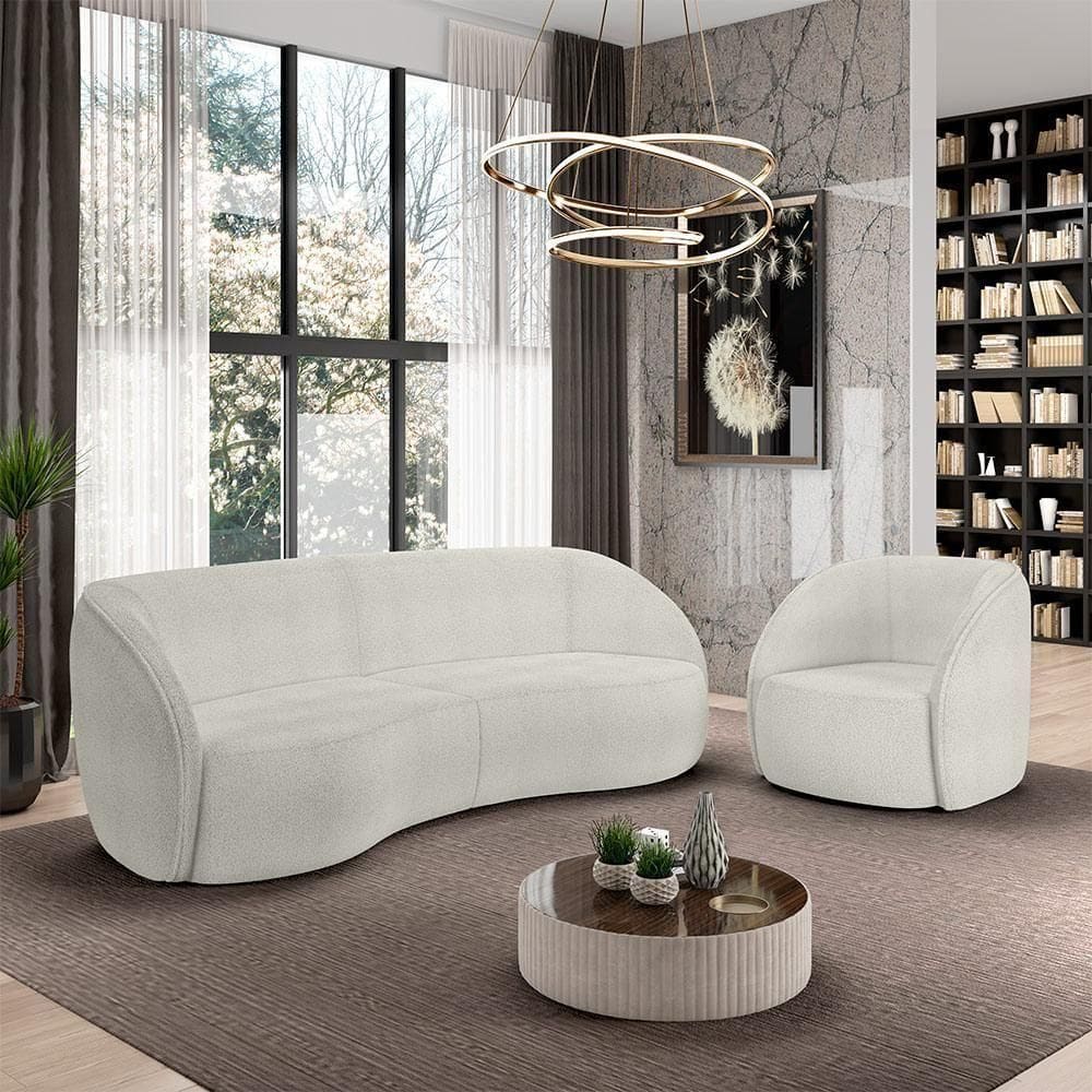 Conjunto Sofá Sala De Estar Bipartido 288cm E Poltrona Clarke Bouclê Offwhite G45 - Gran Belo