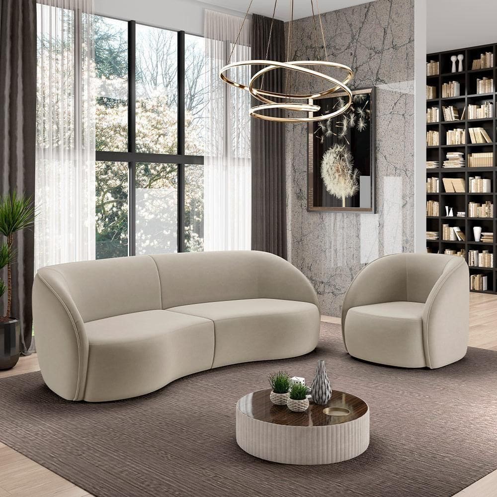 Conjunto Sofá Sala De Estar Bipartido 318cm E Poltrona Clarke Veludo Bege G45 - Gran Belo