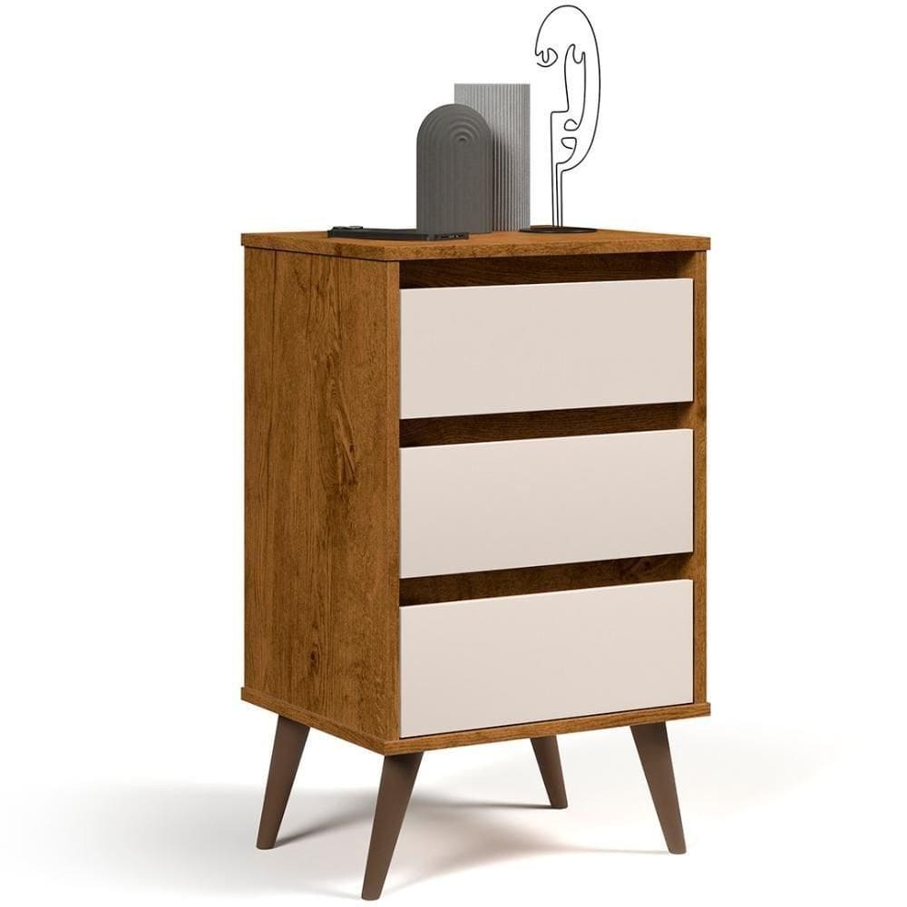 Mesa De Cabeceira Pés Retrô 3 Gavetas 43cm Wood Freijó/off - Ej Móveis