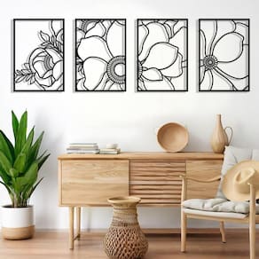 Decoração de parede DeaTee Flower Black Metal 3D Hollow, pacote com 4