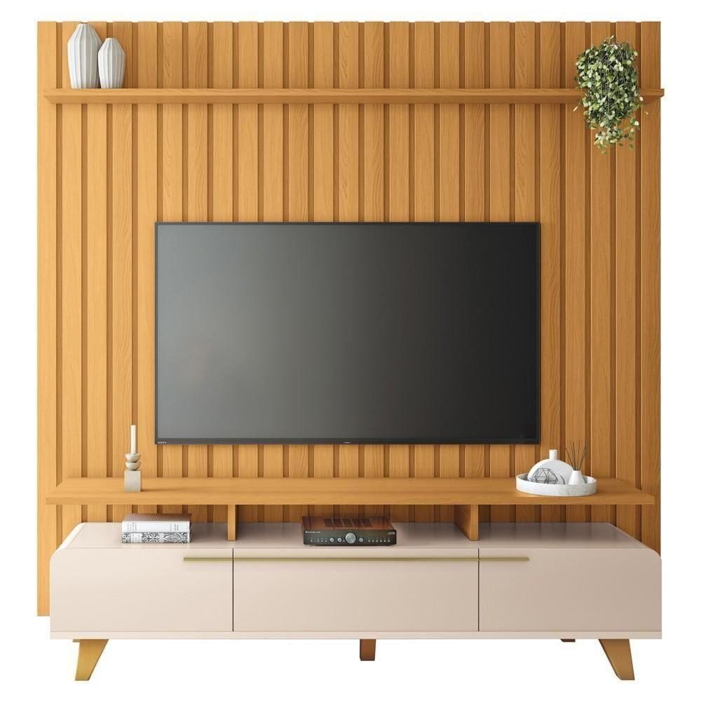 Painel Para 70 Pol Ripado E Rack Bancada Amago H01 Off White/cinamomo - Mpozenato
